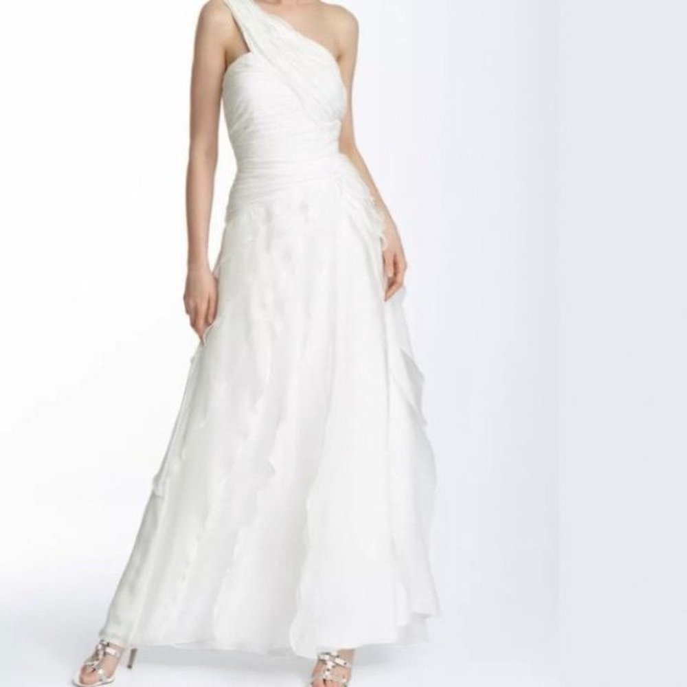 Tadashi Shoji One Shoulder Ivory Chiffon Gown / Wedding Dress Size 12 - Picture 2 of 10